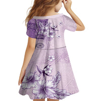 Hawaii Tapa Pattern With Violet Hibiscus Family Matching Off The Shoulder Long Sleeve Dress and Hawaiian Shirt
