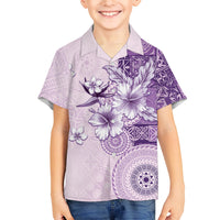 Hawaii Tapa Pattern With Violet Hibiscus Family Matching Summer Maxi Dress and Hawaiian Shirt