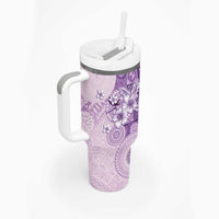 Hawaii Tapa Pattern With Violet Hibiscus Tumbler With Handle
