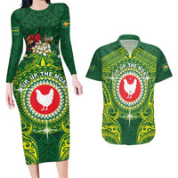 Personalized American Samoa Manua Cession Day Couples Matching Long Sleeve Bodycon Dress and Hawaiian Shirt Up Up The Moa LT05 Green - Polynesian Pride