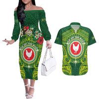 Personalized American Samoa Manua Cession Day Couples Matching Off The Shoulder Long Sleeve Dress and Hawaiian Shirt Up Up The Moa LT05 Green - Polynesian Pride