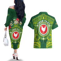 Personalized American Samoa Manua Cession Day Couples Matching Off The Shoulder Long Sleeve Dress and Hawaiian Shirt Up Up The Moa LT05 - Polynesian Pride