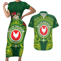 Personalized American Samoa Manua Cession Day Couples Matching Short Sleeve Bodycon Dress and Hawaiian Shirt Up Up The Moa LT05 Green - Polynesian Pride