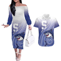 Personalized Samoana High School Couples Matching Off The Shoulder Long Sleeve Dress and Hawaiian Shirt Polynesian Tribal Shark LT05 Blue - Polynesian Pride