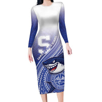 Personalized Samoana High School Family Matching Long Sleeve Bodycon Dress and Hawaiian Shirt Polynesian Tribal Shark LT05 Mom's Dress Blue - Polynesian Pride