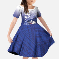 Personalized Samoana High School Family Matching Off The Shoulder Long Sleeve Dress and Hawaiian Shirt Polynesian Tribal Shark LT05 Daughter's Dress Blue - Polynesian Pride