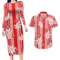 Hawaii Kakau Tribal Couples Matching Long Sleeve Bodycon Dress and Hawaiian Shirt With Red Tiare LT05 Red - Polynesian Pride