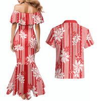 Hawaii Kakau Tribal Couples Matching Mermaid Dress and Hawaiian Shirt With Red Tiare LT05 - Polynesian Pride