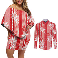 Hawaii Kakau Tribal Couples Matching Off Shoulder Short Dress and Long Sleeve Button Shirt With Red Tiare LT05 Red - Polynesian Pride