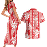 Hawaii Kakau Tribal Couples Matching Short Sleeve Bodycon Dress and Hawaiian Shirt With Red Tiare LT05 - Polynesian Pride