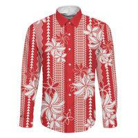 Hawaii Kakau Tribal Family Matching Long Sleeve Bodycon Dress and Hawaiian Shirt With Red Tiare LT05 Dad's Shirt - Long Sleeve Red - Polynesian Pride