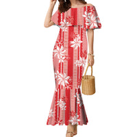 Hawaii Kakau Tribal Family Matching Mermaid Dress and Hawaiian Shirt With Red Tiare LT05 Mom's Dress Red - Polynesian Pride