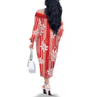 Hawaii Kakau Tribal Family Matching Off The Shoulder Long Sleeve Dress and Hawaiian Shirt With Red Tiare LT05 - Polynesian Pride