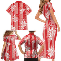 Hawaii Kakau Tribal Family Matching Short Sleeve Bodycon Dress and Hawaiian Shirt With Red Tiare LT05 - Polynesian Pride