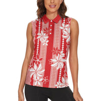 Hawaii Kakau Tribal Women Sleeveless Polo Shirt With Red Tiare