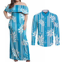 Hawaii Kakau Tribal Couples Matching Off Shoulder Maxi Dress and Long Sleeve Button Shirt With Blue Tiare