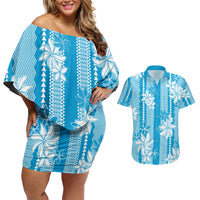 Hawaii Kakau Tribal Couples Matching Off Shoulder Short Dress and Hawaiian Shirt With Blue Tiare LT05 Blue - Polynesian Pride