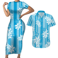 Hawaii Kakau Tribal Couples Matching Short Sleeve Bodycon Dress and Hawaiian Shirt With Blue Tiare LT05 Blue - Polynesian Pride