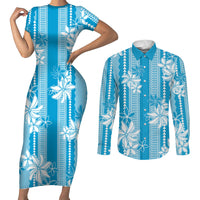 Hawaii Kakau Tribal Couples Matching Short Sleeve Bodycon Dress and Long Sleeve Button Shirt With Blue Tiare LT05 Blue - Polynesian Pride