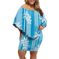 Hawaii Kakau Tribal Family Matching Off Shoulder Short Dress and Hawaiian Shirt With Blue Tiare LT05 Mom's Dress Blue - Polynesian Pride