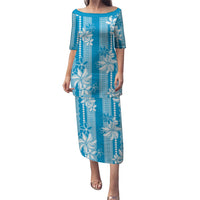 Hawaii Kakau Tribal Family Matching Puletasi and Hawaiian Shirt With Blue Tiare LT05 Mom's Dress Blue - Polynesian Pride