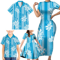 Hawaii Kakau Tribal Family Matching Short Sleeve Bodycon Dress and Hawaiian Shirt With Blue Tiare LT05 - Polynesian Pride