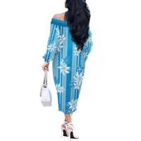 Hawaii Kakau Tribal Off The Shoulder Long Sleeve Dress With Blue Tiare LT05 - Polynesian Pride
