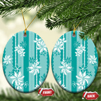 Hawaii Kakau Tribal Ceramic Ornament With Teal Tiare