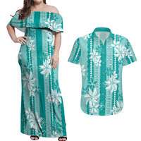 Hawaii Kakau Tribal Couples Matching Off Shoulder Maxi Dress and Hawaiian Shirt With Teal Tiare LT05 Teal - Polynesian Pride