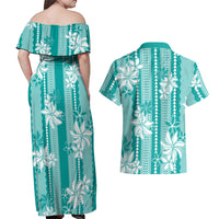 Hawaii Kakau Tribal Couples Matching Off Shoulder Maxi Dress and Hawaiian Shirt With Teal Tiare LT05 - Polynesian Pride