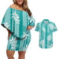 Hawaii Kakau Tribal Couples Matching Off Shoulder Short Dress and Hawaiian Shirt With Teal Tiare LT05 Teal - Polynesian Pride