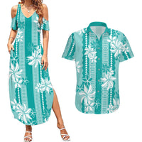 Hawaii Kakau Tribal Couples Matching Summer Maxi Dress and Hawaiian Shirt With Teal Tiare LT05 Teal - Polynesian Pride