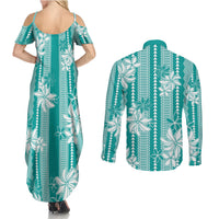 Hawaii Kakau Tribal Couples Matching Summer Maxi Dress and Long Sleeve Button Shirt With Teal Tiare LT05 - Polynesian Pride