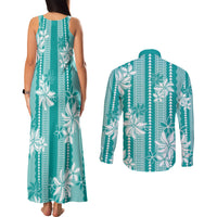 Hawaii Kakau Tribal Couples Matching Tank Maxi Dress and Long Sleeve Button Shirt With Teal Tiare LT05 - Polynesian Pride