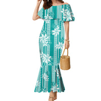 Hawaii Kakau Tribal Family Matching Mermaid Dress and Hawaiian Shirt With Teal Tiare LT05 Mom's Dress Teal - Polynesian Pride