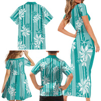 Hawaii Kakau Tribal Family Matching Short Sleeve Bodycon Dress and Hawaiian Shirt With Teal Tiare LT05 - Polynesian Pride
