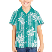 Hawaii Kakau Tribal Family Matching Summer Maxi Dress and Hawaiian Shirt With Teal Tiare LT05 Son's Shirt Teal - Polynesian Pride