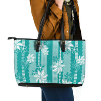 Hawaii Kakau Tribal Leather Tote Bag With Teal Tiare