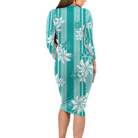 Hawaii Kakau Tribal Long Sleeve Bodycon Dress With Teal Tiare