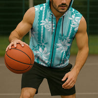 Hawaii Kakau Tribal Sleeveless Zip Hoodie With Teal Tiare