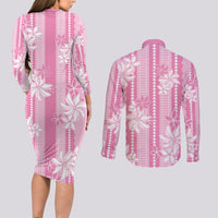 Hawaii Kakau Tribal Couples Matching Long Sleeve Bodycon Dress and Long Sleeve Button Shirt With Pink Tiare LT05 - Polynesian Pride