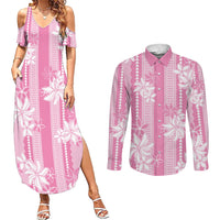 Hawaii Kakau Tribal Couples Matching Summer Maxi Dress and Long Sleeve Button Shirt With Pink Tiare LT05 Pink - Polynesian Pride
