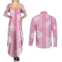 Hawaii Kakau Tribal Couples Matching Summer Maxi Dress and Long Sleeve Button Shirt With Pink Tiare LT05 - Polynesian Pride