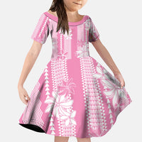 Hawaii Kakau Tribal Family Matching Short Sleeve Bodycon Dress and Hawaiian Shirt With Pink Tiare LT05 Daughter's Dress Pink - Polynesian Pride