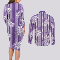 Hawaii Kakau Tribal Couples Matching Long Sleeve Bodycon Dress and Long Sleeve Button Shirt With Purple Tiare LT05 - Polynesian Pride