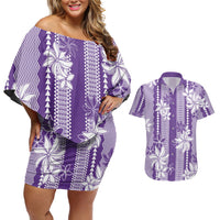 Hawaii Kakau Tribal Couples Matching Off Shoulder Short Dress and Hawaiian Shirt With Purple Tiare LT05 Purple - Polynesian Pride