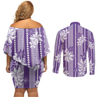Hawaii Kakau Tribal Couples Matching Off Shoulder Short Dress and Long Sleeve Button Shirt With Purple Tiare LT05 - Polynesian Pride