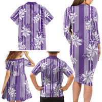 Hawaii Kakau Tribal Family Matching Long Sleeve Bodycon Dress and Hawaiian Shirt With Purple Tiare LT05 - Polynesian Pride