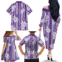 Hawaii Kakau Tribal Family Matching Off The Shoulder Long Sleeve Dress and Hawaiian Shirt With Purple Tiare LT05 - Polynesian Pride