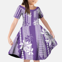Hawaii Kakau Tribal Family Matching Off Shoulder Short Dress and Hawaiian Shirt With Purple Tiare LT05 Daughter's Dress Purple - Polynesian Pride